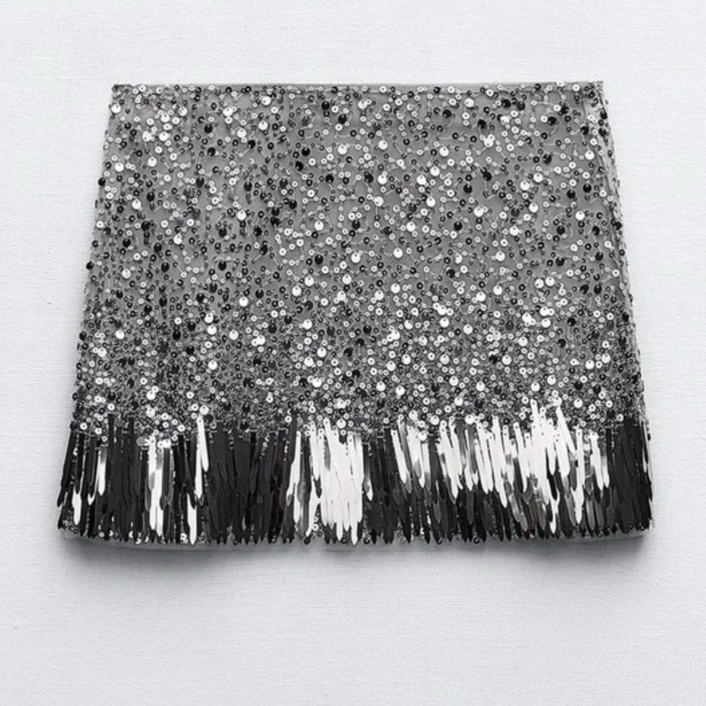 Zara Silver Sequin Mini Skirt with Black & White Fringe